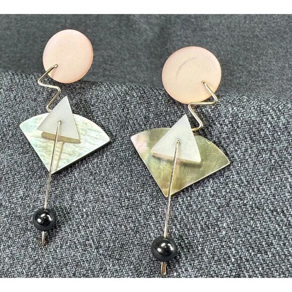 Vintage Artisan Made Abstract Post Modern Mixed Metal Earrings - Picture 2 of 6